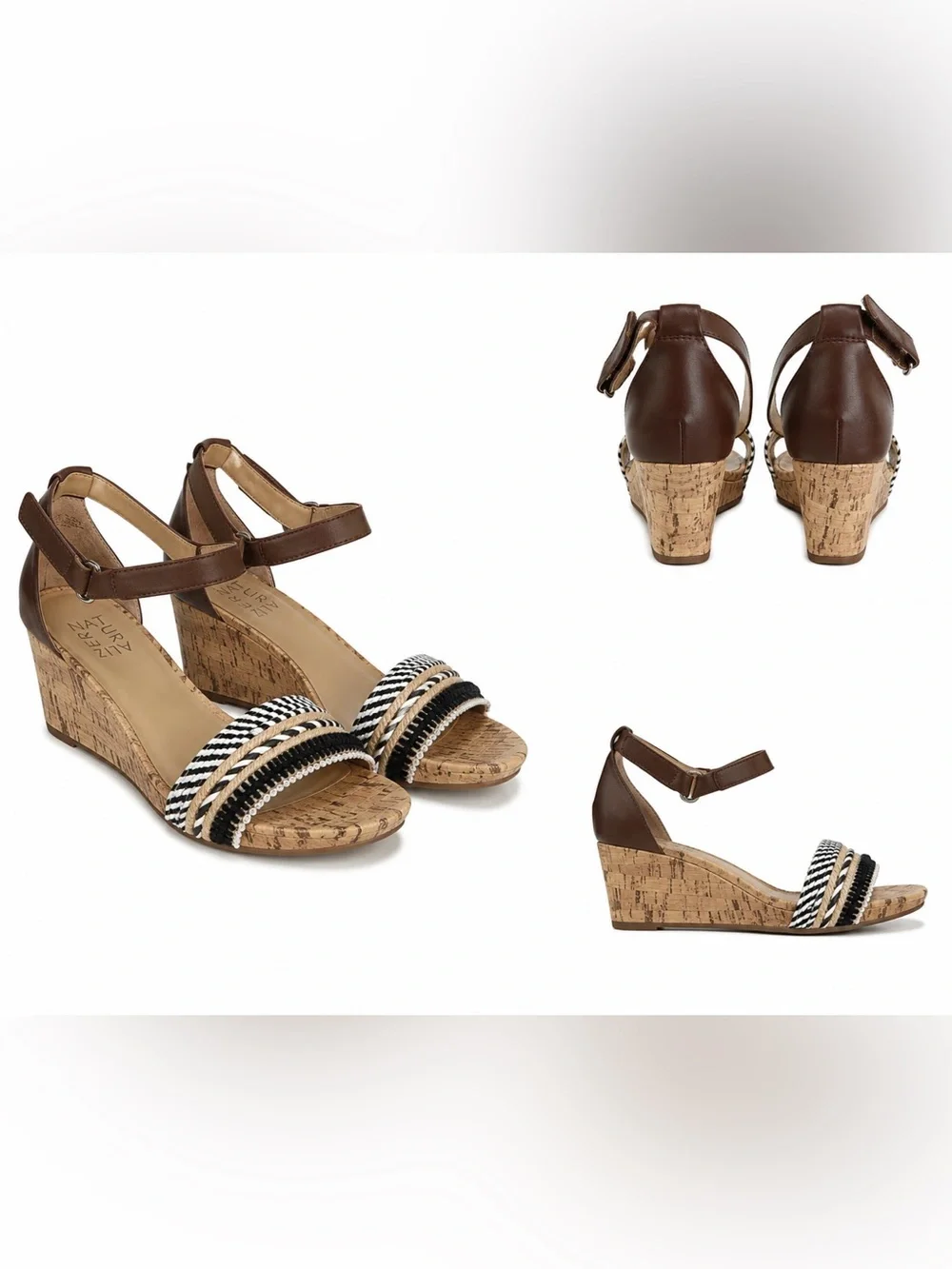 201. Naturalizer Brown Cork Wedge Sandals with Braided Black & Cream Straps